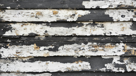 An old black and white wooden wall with peeling paint, evoking a rustic grunge aesthetic, ideal for artistic and vintage backgrounds.の素材