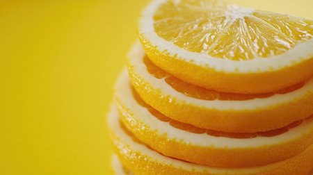 Close-up of freshly cut orange and lemon slices displayed on a vertical yellow background, showcasing the vibrant colors and refreshing nature of citrus.の素材