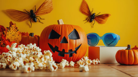 Gather friends for a Halloween cinema adventure with a side view shot of a table adorned with pumpkins, insects, 3D glasses, and popcorn boxes, set against a yellow wall background.の素材