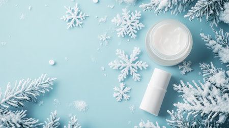 Winter season skincare concept with a top view of a cosmetic jar, white tube without label, snowflakes, snow, and hoarfrosted plant on a light blue background with space for text.の素材