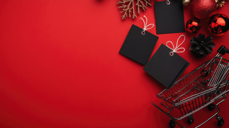 Creative Black Friday sale concept with black sale tags, a mini shopping cart, and festive decorations on a vibrant red background.の素材