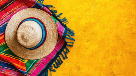 Celebrate Cinco de Mayo with a festive top view of a traditional striped serape placed on a yellow surface, ideal for themed promotions and vibrant cultural celebrations.の素材