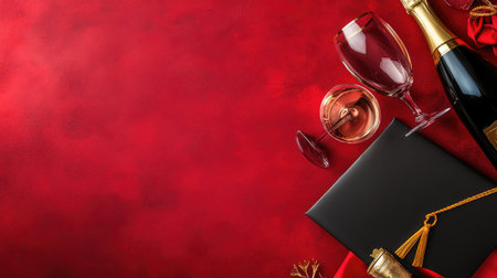 Graduation essentials including a cap, diploma, champagne bottle, and glasses, beautifully arranged on a vibrant red backdrop to celebrate achievement and milestones.の素材