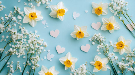 Embrace the beauty of spring as daffodils and gypsophila blossom, captured in a top-down photo with heart-shaped confetti on a pastel blue backdrop.の素材