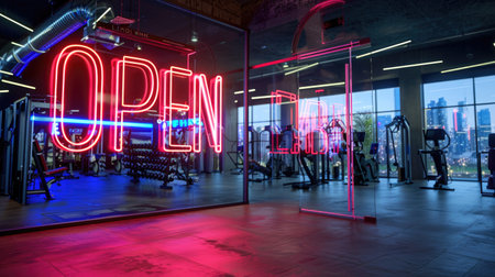 Glass door gym entrance with "OPEN" sign and silhouettes inside. Fitness center business, training facility conceptの素材
