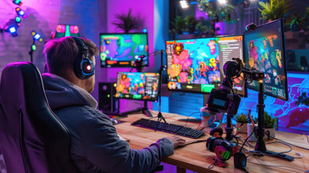 Broadcaster talking online with positive vibes, live session setup in neon purple environment for creative outreachの素材