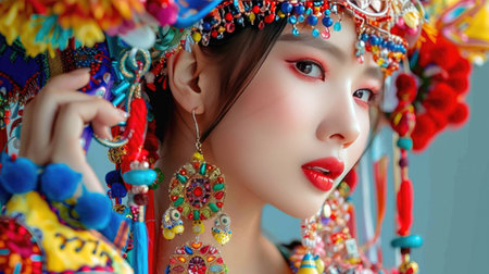 Beautiful Asian female in national costume with red lipstick and earrings, showing heritage fashion and eleganceの素材