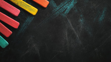 Embark on a captivating learning adventure with a top-down snapshot of vivid child stationery on a blackboard background, leaving room for promotional text.の素材