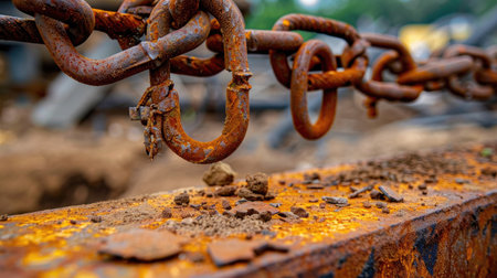 Rusty chain and hooks detail in construction setting, symbol of strength, durability and transport workの素材