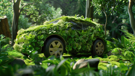 Nature-wrapped car concept with lush greenery, representing innovation in eco vehicles and zero-emission solutionsの素材