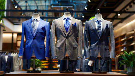 Fashion display with blue, grey, and black suits on mannequins, classy men fashion presentation in boutiqueの素材