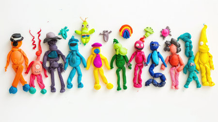 Plasticine art collection made by kids, rainbow-colored figures for educational or creative preschool projectsの素材