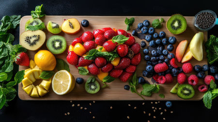 Artistic representation of a brain using mixed fruits on a wooden board for health educationの素材