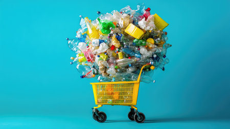 Compact cart overwhelmed with plastic, symbolic of growing environmental concernsの素材