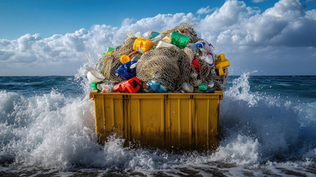 Bin overflowing with fishing nets and plastic litter, set against crashing ocean wavesの素材