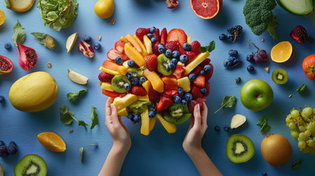 Balanced brain-shaped fruit collage, promoting cognitive health through colorful produceの素材