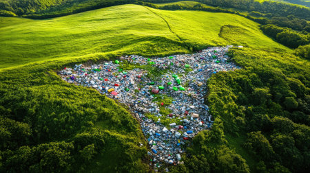 Landfill encroaching on a green field, symbolizing plastic reachの素材