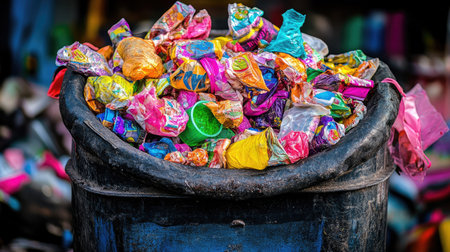 Close-up of crumpled wrappers poking out of an overstuffed bin near a food stallの素材