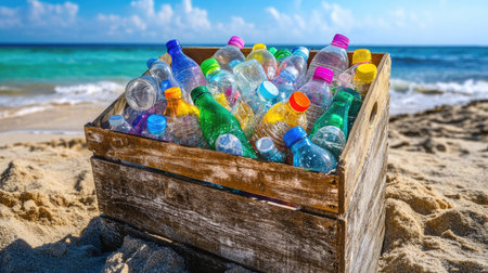 Clear and colored plastic bottles stacked neatly inside a wooden recycle bin at a beach cleanupの素材