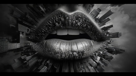 Close-up of lips merging into a black and white cityscape, stylish and surrealの素材