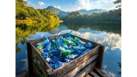Blue recycling bin crammed with plastic bottles in front of serene lake viewの素材