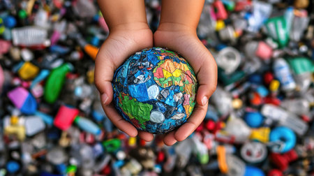 Child holding Earth globe in one hand, plastic waste in the otherの素材