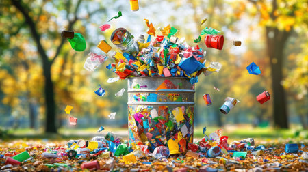 Colorful recyclable waste spilling from an overfilled container in a parkの素材