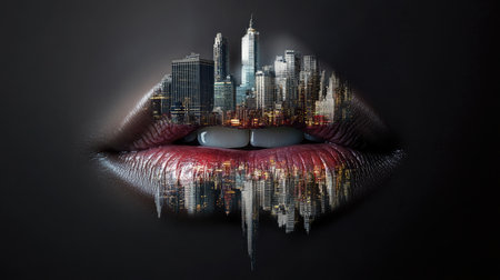 Feminine lips forming the base for a modern city skyline in high contrastの素材