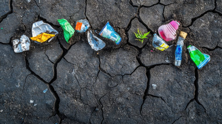 Cracked soil littered with plastic, highlighting environmental degradationの素材