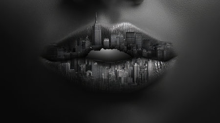 Close-up of lips merging into a black and white cityscape, stylish and surrealの素材