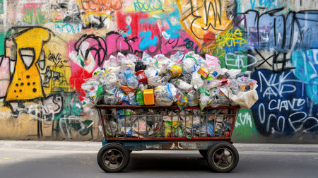 Cart jam-packed with plastic trash, parked beside wall graffiti about climate changeの素材