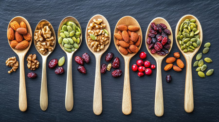 Decorative spoons with walnuts, cranberries, pumpkin seeds, and dates on a slate boardの素材