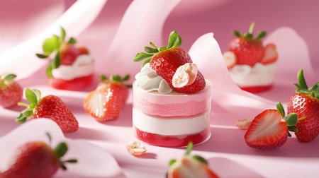 Cute layered strawberry desserts on pastel background, light and airy styleの素材