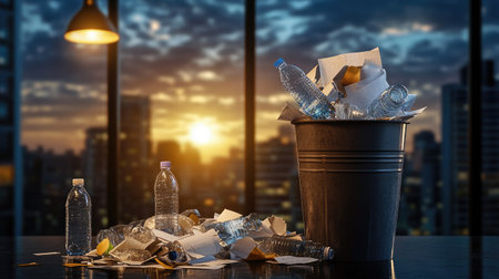 Office waste bin spilling out recyclable paper and water bottles after a long dayの素材