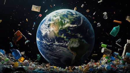 Earth from space overlaid with transparent images of plastic pollutionの素材