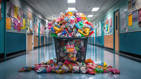 Crumpled wrappers of various brands overflowing from a full trash bin in a school hallwayの素材