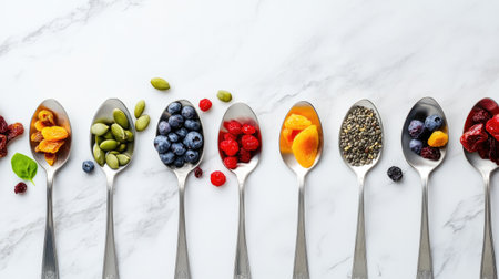 Flat lay of elegant silver spoons holding colorful dried fruits and seeds on a marble surfaceの素材