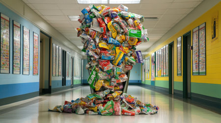 Crumpled wrappers of various brands overflowing from a full trash bin in a school hallwayの素材