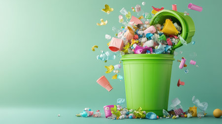 Green toy bin stuffed with tiny plastic waste on pastel backgroundの素材