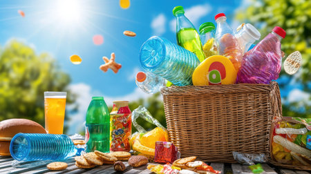 Plastic packaging overflowing a wicker basket on a picnic table, surrounded by snacks and drinksの素材