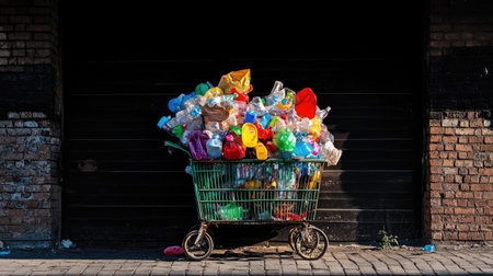 Urban shot of abandoned cart bursting with plastic waste near dumpsterの素材