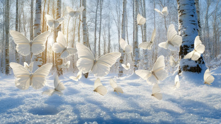 Gentle snowfall surrounds graceful white butterflies in a hushed winter woodの素材