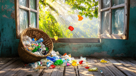 Overloaded wicker basket with plastic waste spilling onto a cozy cottage floorの素材