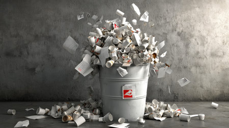 Office park bin overflowing with coffee cups and crumpled documentsの素材