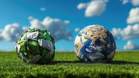 Real vs. artificial: earth made of trash beside a green model of natureの素材