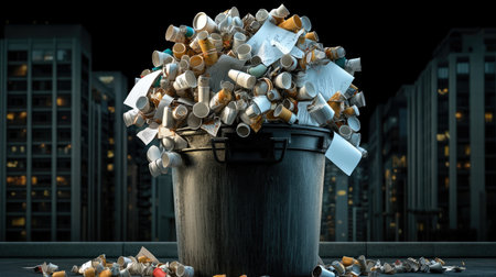 Office park bin overflowing with coffee cups and crumpled documentsの素材