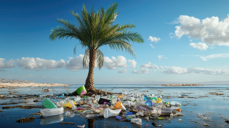 Palm tree in the middle of a polluted beach, plastic dominating the foregroundの素材