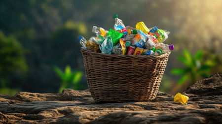 Plastic wrappers poking out of a woven basket in a rustic outdoor settingの素材