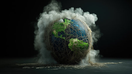 Human-shaped Earth tangled in synthetic netting and smogの素材
