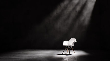 Studio-style shot of a white chair in a dark room, light forming sharp contoursの素材